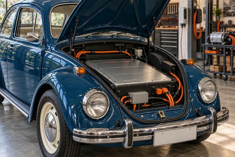 Porta-malas dianteiro do Fusca aberto com o pacote de bateria e os cabos laranja