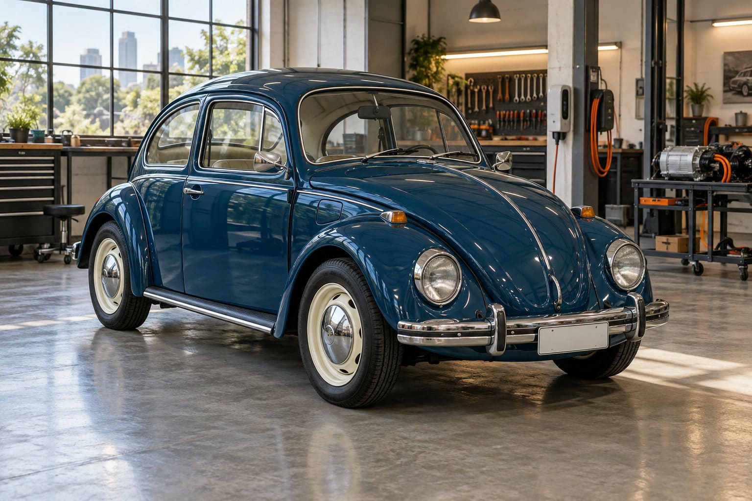 Fusca 1972 azul-petróleo parado dentro da oficina, com a lataria brilhando sob a luz do fim do dia