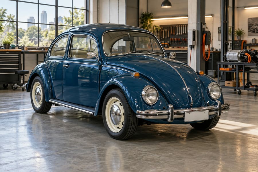 Fusca 1972 azul-petróleo parado dentro da oficina, ainda com o motor a gasolina