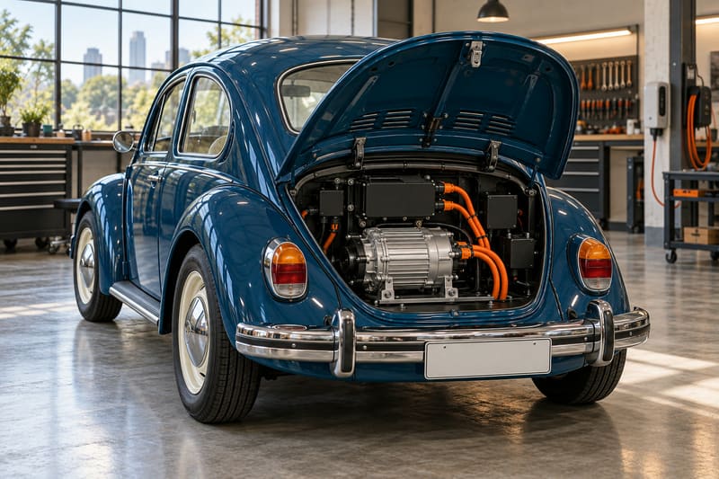 Tampa traseira do Fusca aberta mostrando o motor elétrico compacto instalado no lugar do motor a gasolina