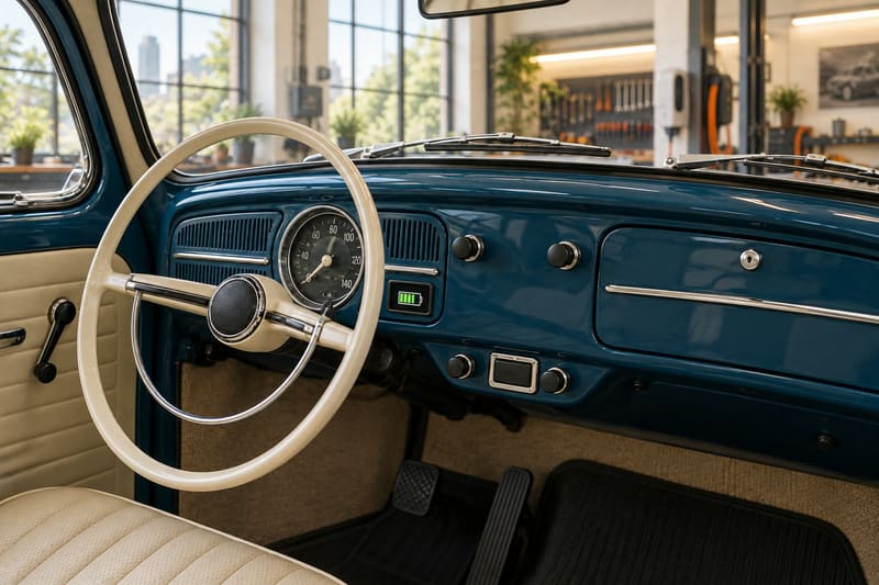 Painel de época do Fusca, com o volante claro e o indicador discreto de carga