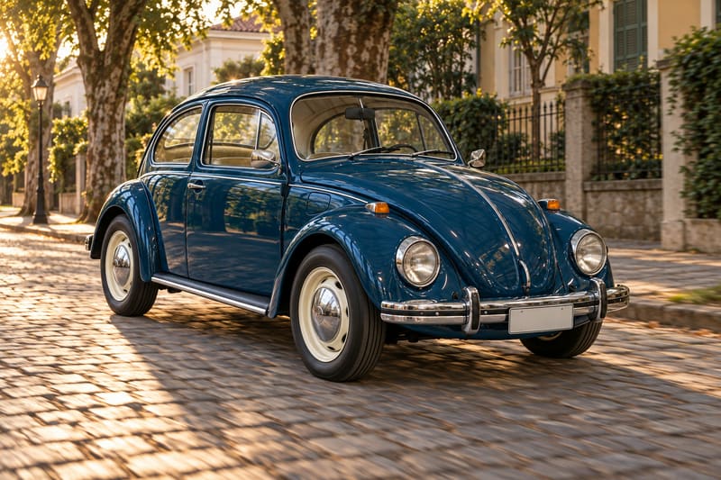 O mesmo Fusca rodando numa rua de paralelepípedo ao fim da tarde, já convertido para elétrico